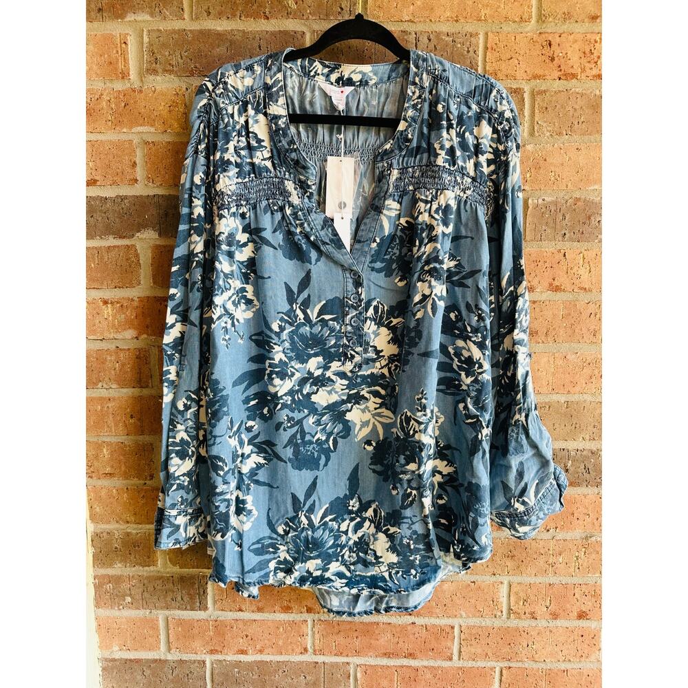 Intro Floral Blue Long sleeveBlouse Size 2X